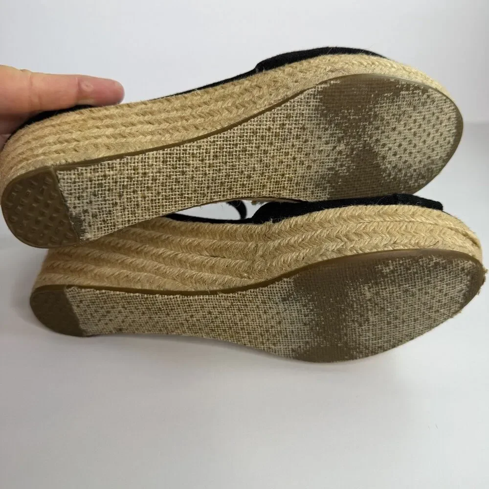 TOMS Black Canvas Peep Toe Jute Wedge Heel‎ Espadrille Sandals Sz 7